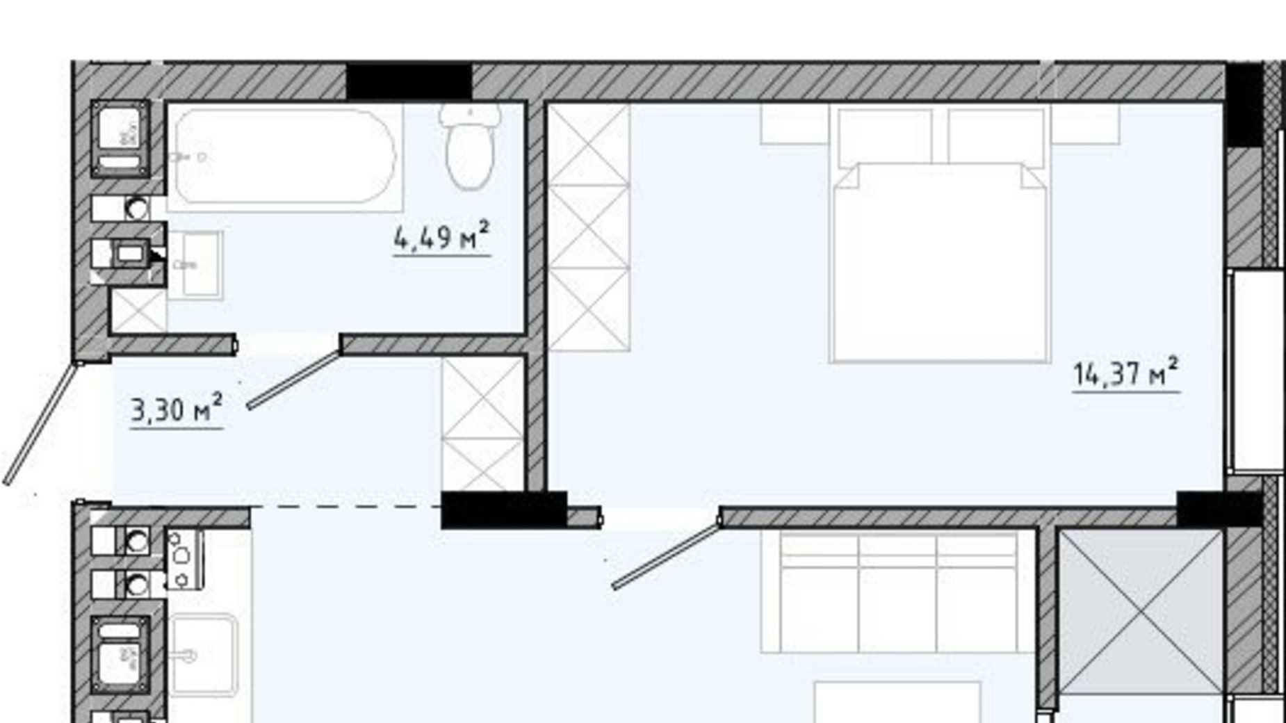 Планування апартаментів в ЖК на Спортивній 43.89 м², фото 598330