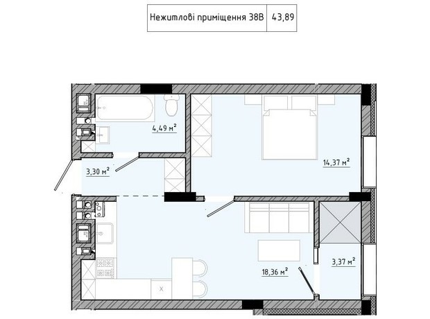 ЖК на Спортивній: планування 1-кімнатної квартири 43.89 м²