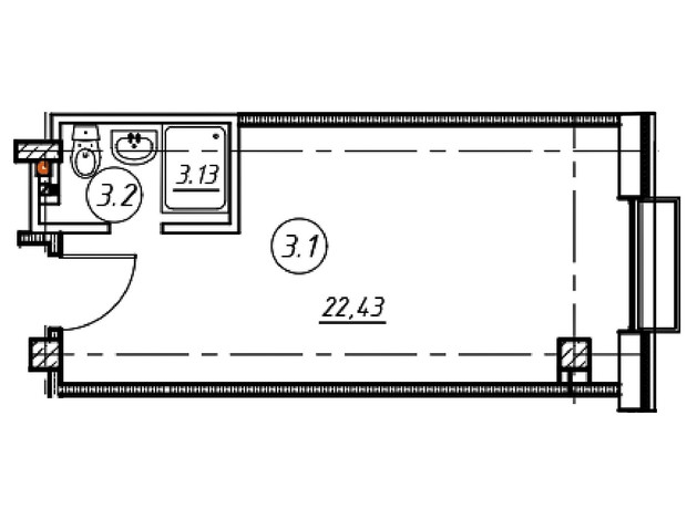 БФК Муза: планування 1-кімнатної квартири 25.56 м²
