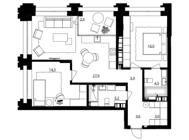 ЖК Doma Trabotti: планування 2-кімнатної квартири 81 м²