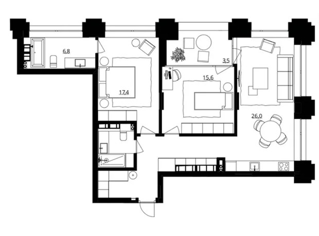 ЖК Doma Trabotti: планування 2-кімнатної квартири 88 м²