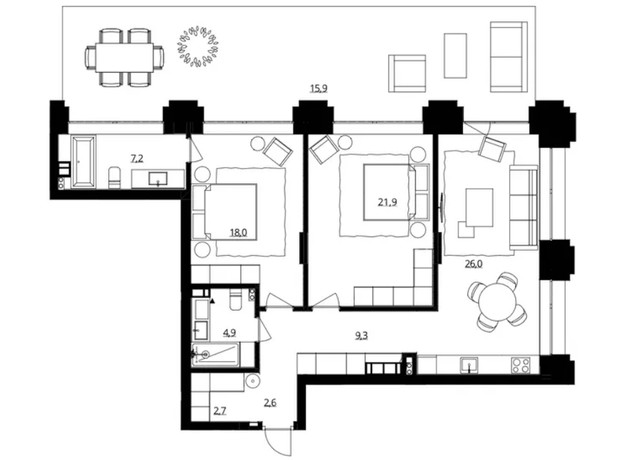 ЖК Doma Trabotti: планування 2-кімнатної квартири 108.5 м²