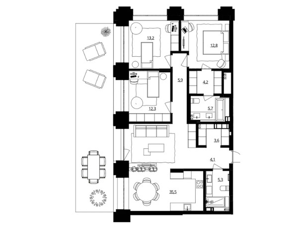 ЖК Doma Trabotti: планування 3-кімнатної квартири 117.5 м²