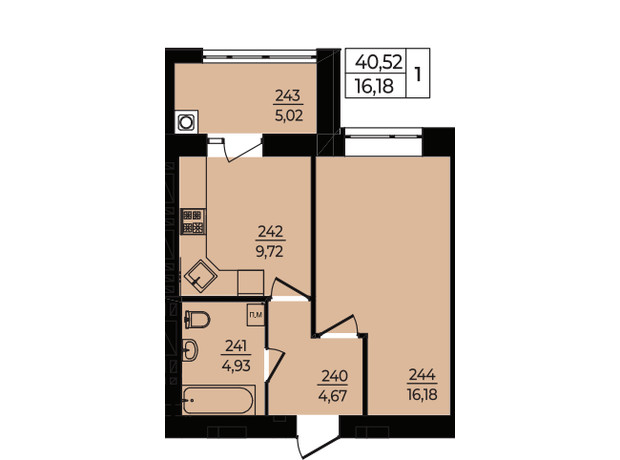 ЖК Едем: планування 1-кімнатної квартири 40.52 м²