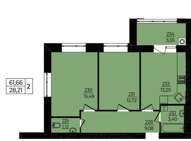 ЖК Эдем: планировка 2-комнатной квартиры 61.66 м²