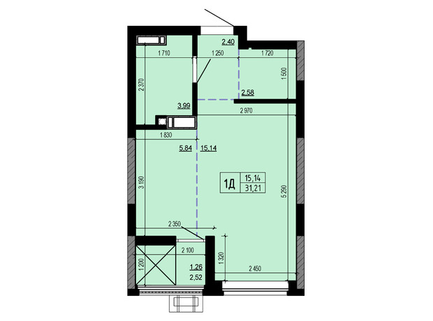 ЖК Hello House: планировка 1-комнатной квартиры 31.21 м²