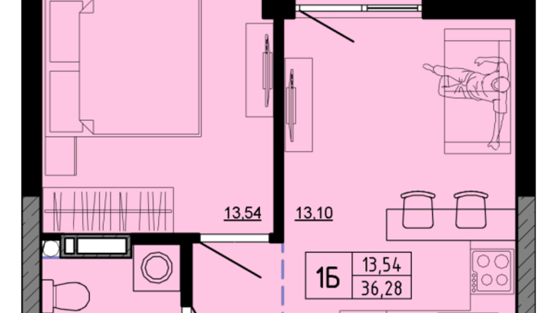 Планування 1-кімнатної квартири в ЖК Hello House 36.28 м², фото 598916