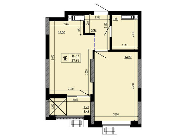 ЖК Hello House: планування 1-кімнатної квартири 37.93 м²