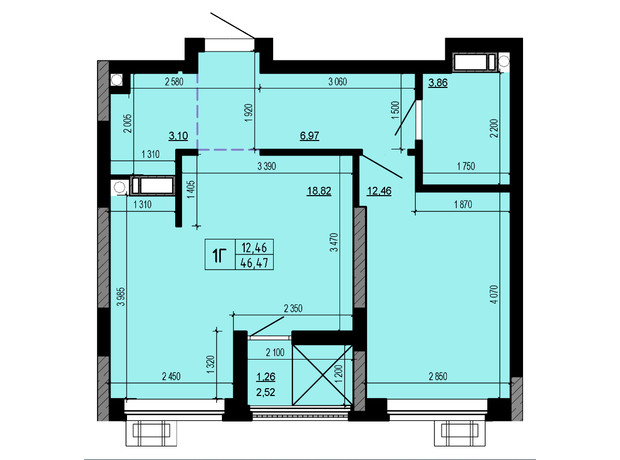 ЖК Hello House: планування 1-кімнатної квартири 46.47 м²