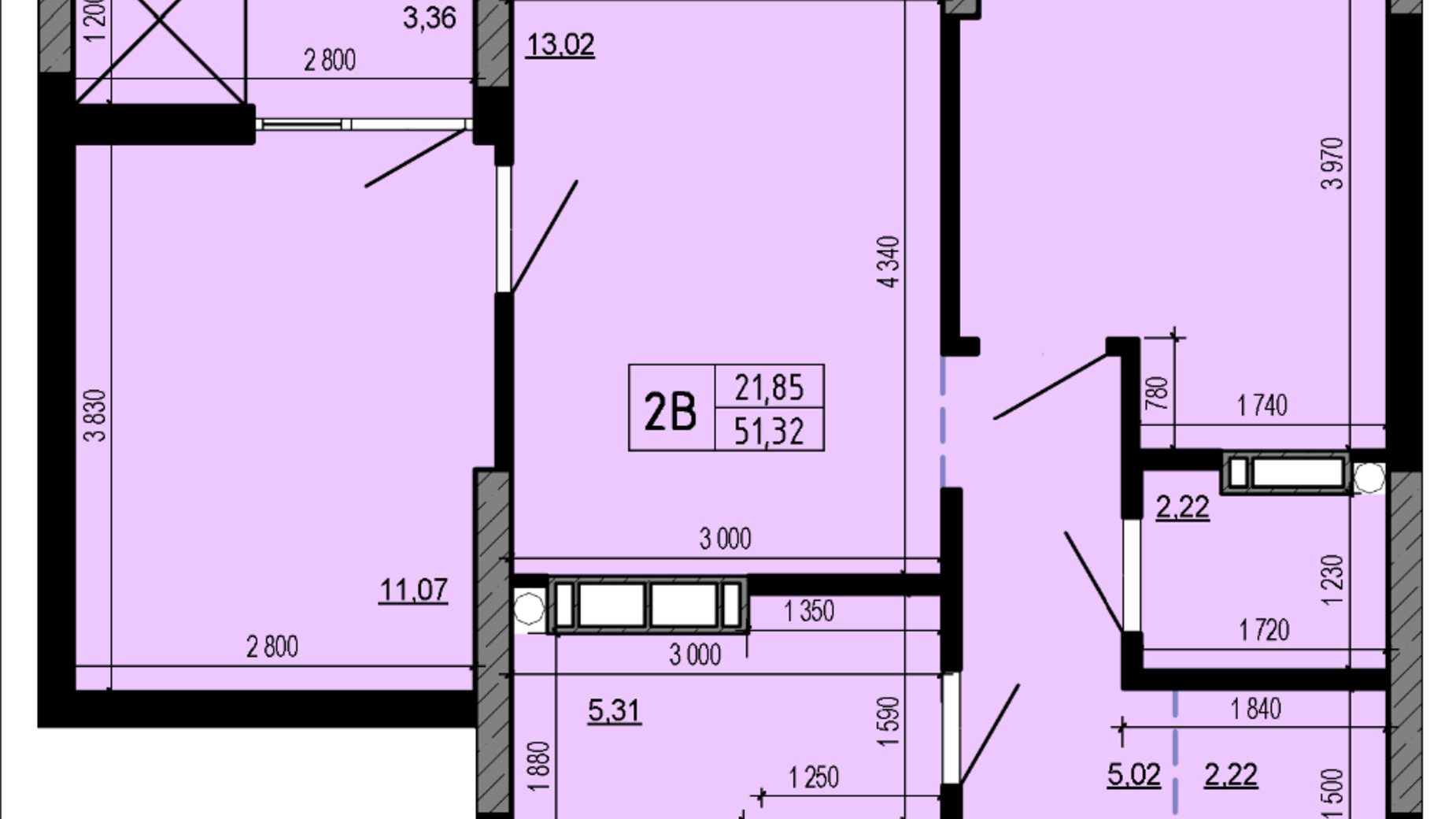Планировка 2-комнатной квартиры в ЖК Hello House 51.32 м², фото 598921