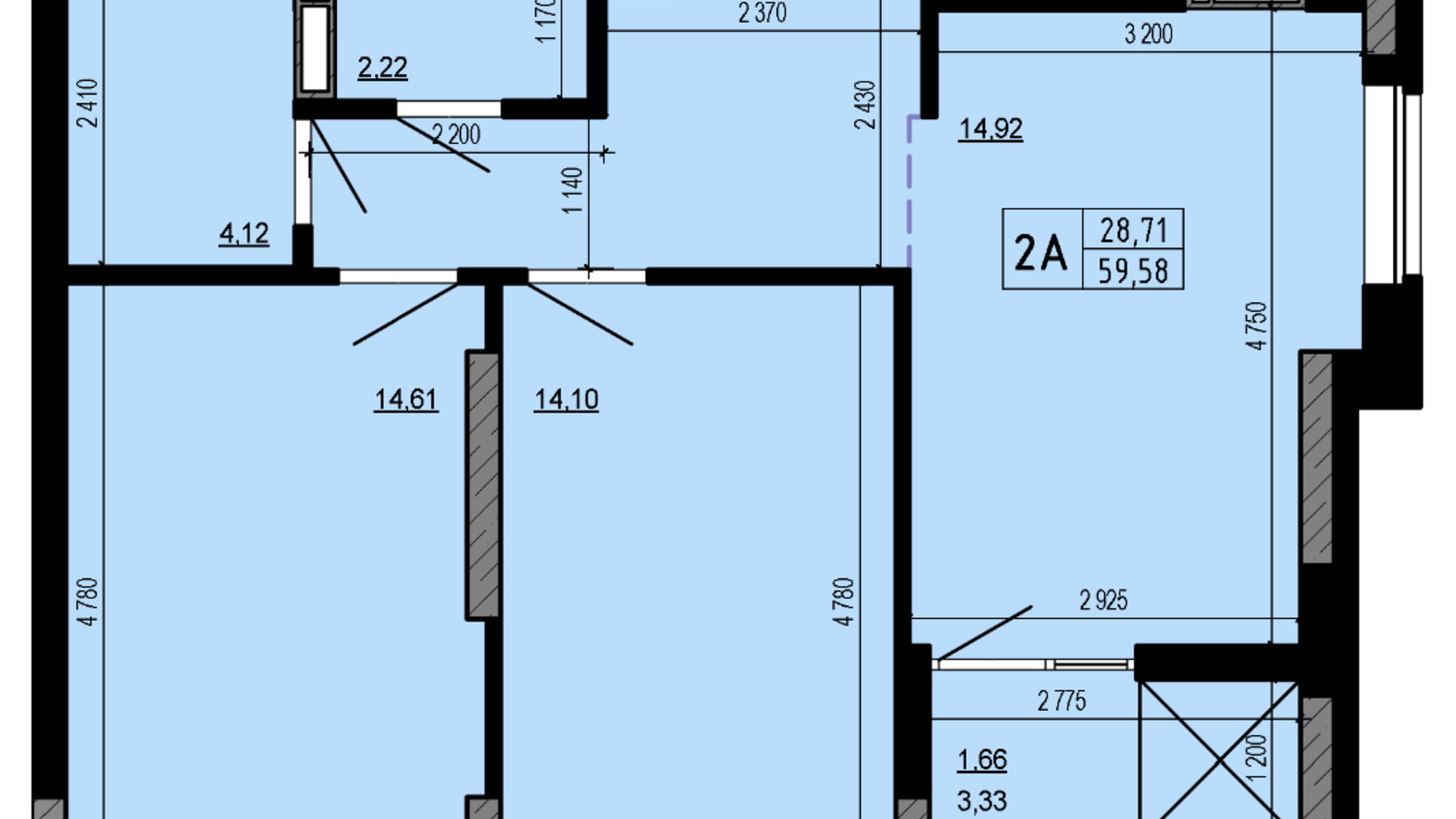 Планировка 2-комнатной квартиры в ЖК Hello House 59.58 м², фото 598923