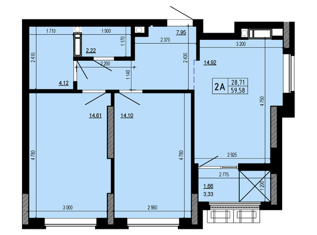 ЖК Hello House: планування 2-кімнатної квартири 59.58 м²