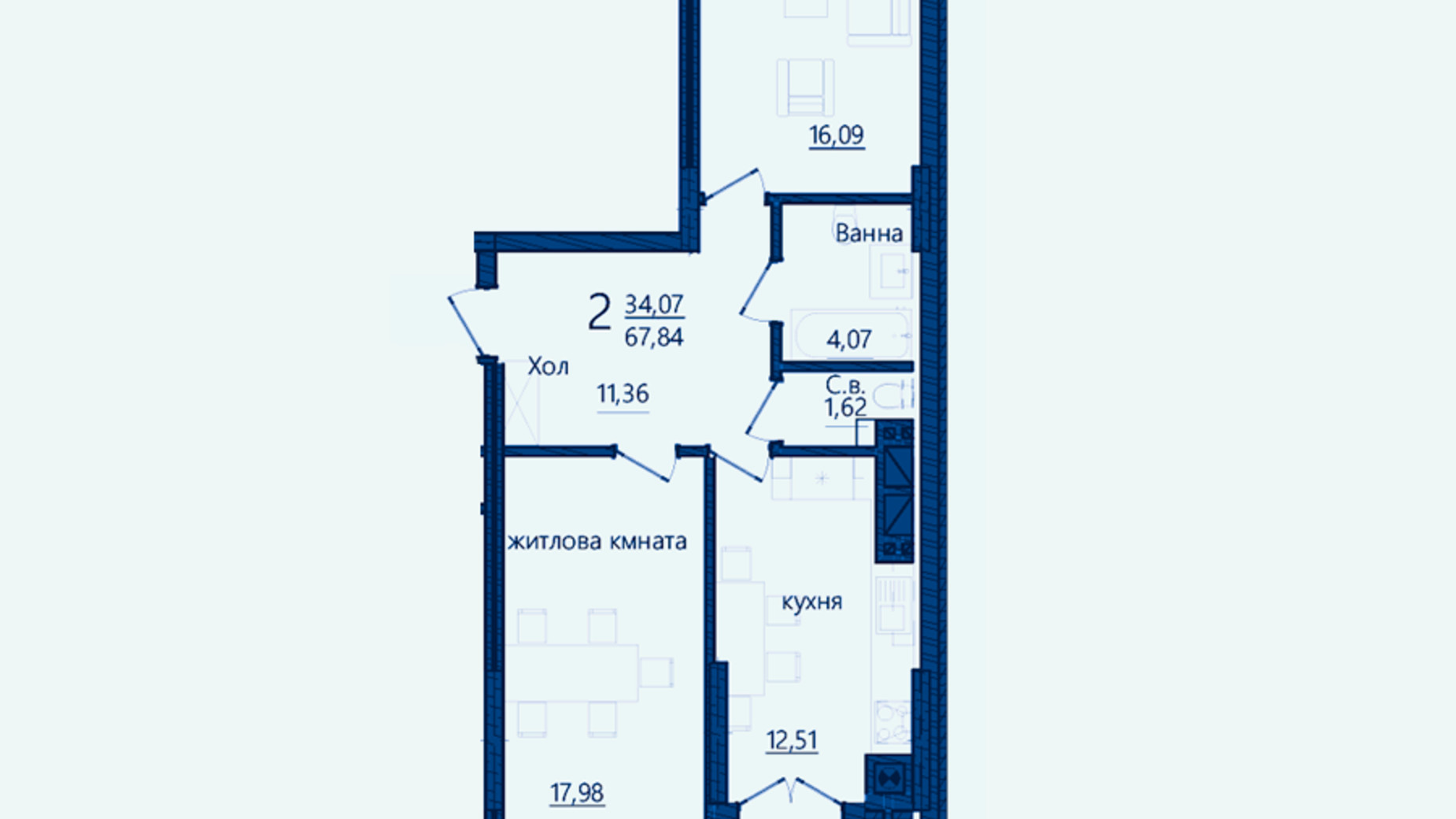 Планування 2-кімнатної квартири в ЖК Престижний 2 63.82 м², фото 598949