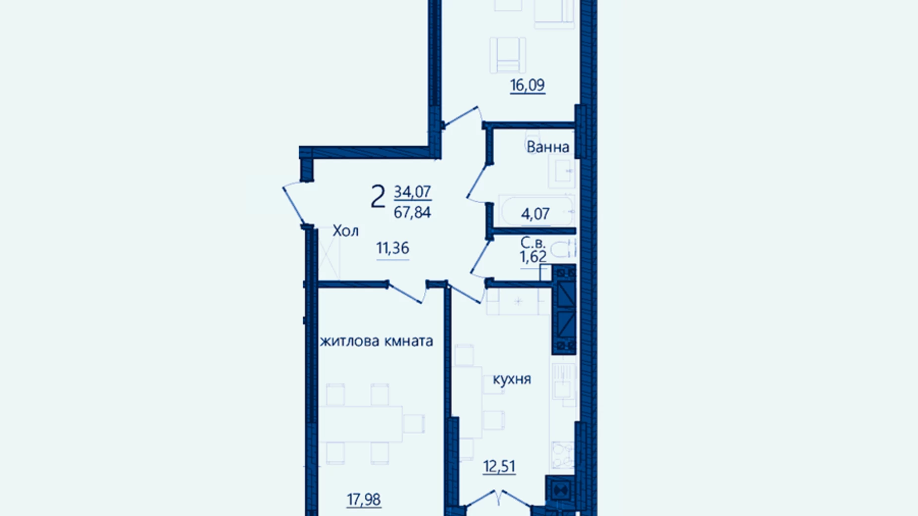 Планування 2-кімнатної квартири в ЖК Престижний 2 63.82 м², фото 598949