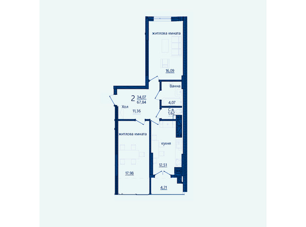 ЖК Престижный 2: планировка 2-комнатной квартиры 63.82 м²