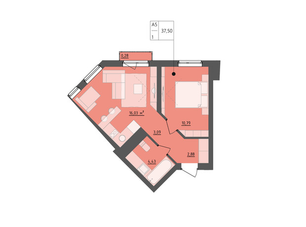 ЖК Milltown: планування 1-кімнатної квартири 37.5 м²