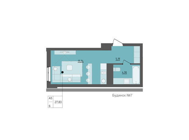 ЖК Milltown: планування 1-кімнатної квартири 27.83 м²