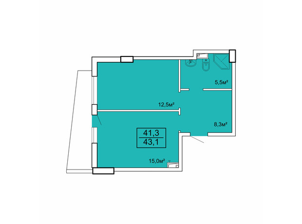Апарт-комплекс Breeze Marine: планировка 1-комнатной квартиры 43.1 м²