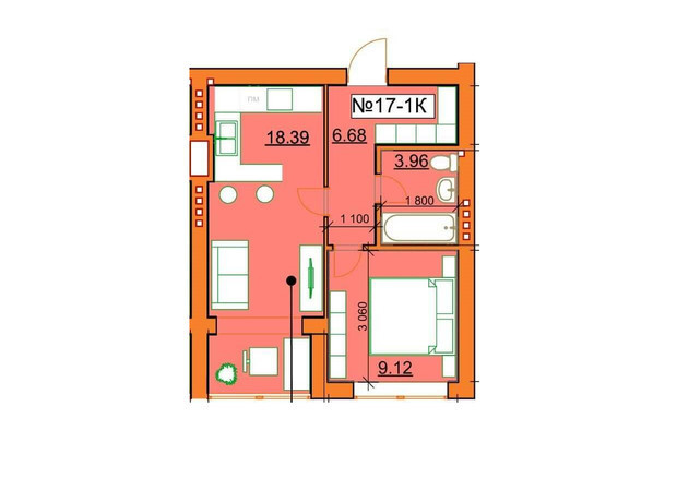 ЖК Гостомельские Липки 5: планировка 1-комнатной квартиры 40.65 м²