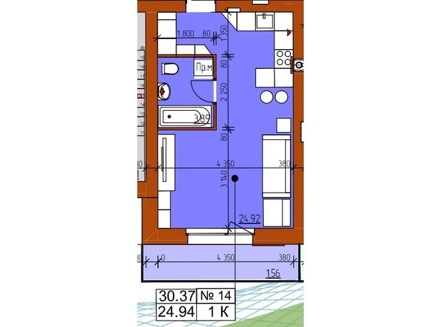 ЖК Гостомельские Липки 5: планировка 1-комнатной квартиры 30.37 м²