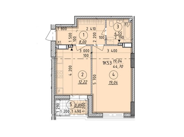 ЖК Борисо-Глебский 2: планировка 1-комнатной квартиры 44.7 м²