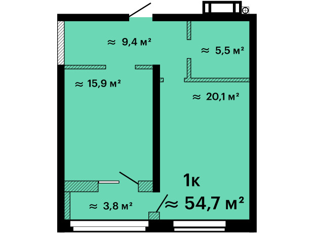 ЖК Оскар: планування 1-кімнатної квартири 54.7 м²