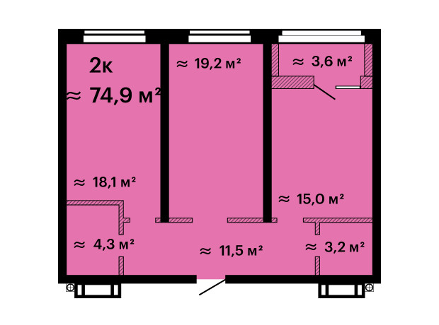 ЖК Оскар: планировка 2-комнатной квартиры 74.8 м²