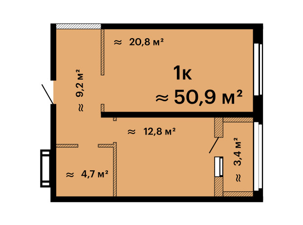 ЖК Оскар: планировка 1-комнатной квартиры 50.9 м²