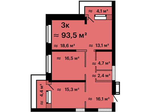 ЖК Оскар: планировка 3-комнатной квартиры 93.5 м²