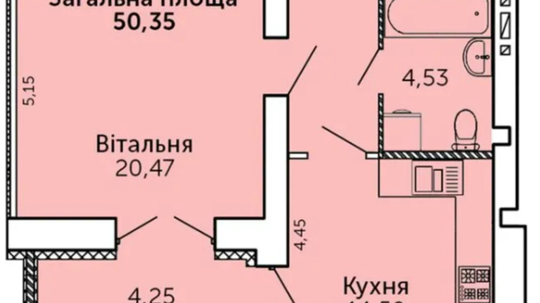 Планировка 1-комнатной квартиры в ЖК Levanevsky 50.35 м², фото 599439