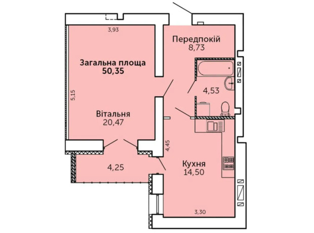 ЖК Levanevsky: планування 1-кімнатної квартири 50.35 м²