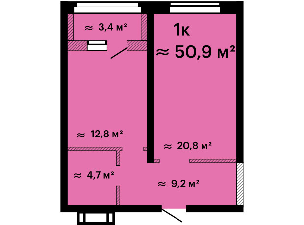 ЖК Оскар: планування 1-кімнатної квартири 50.9 м²