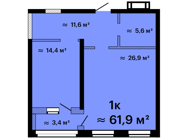 ЖК Оскар: планировка 1-комнатной квартиры 61.9 м²