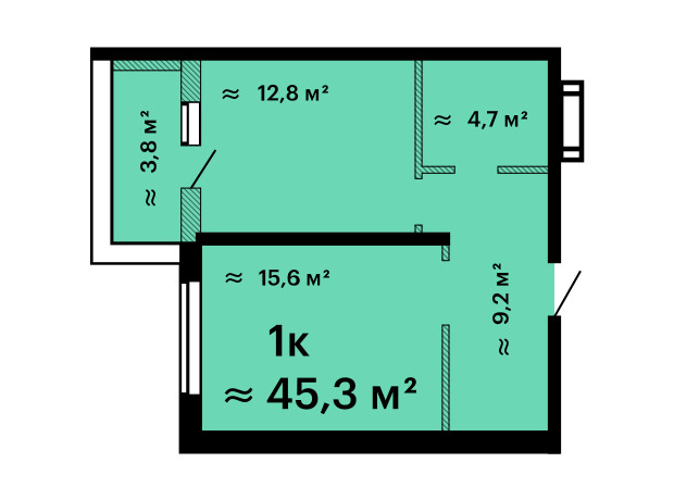 ЖК Оскар: планування 1-кімнатної квартири 45.3 м²