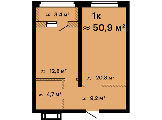 ЖК Оскар: планування 1-кімнатної квартири 50.9 м²