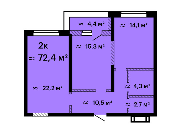 ЖК Оскар: планировка 2-комнатной квартиры 72.4 м²