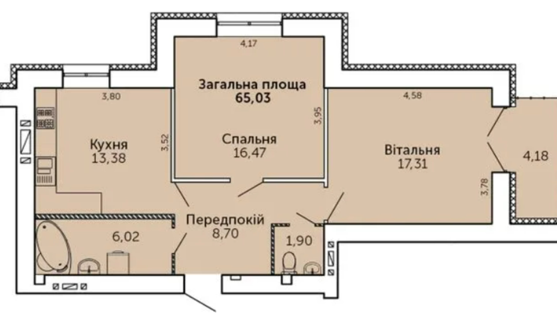 Планировка 2-комнатной квартиры в ЖК Levanevsky 65.03 м², фото 599523