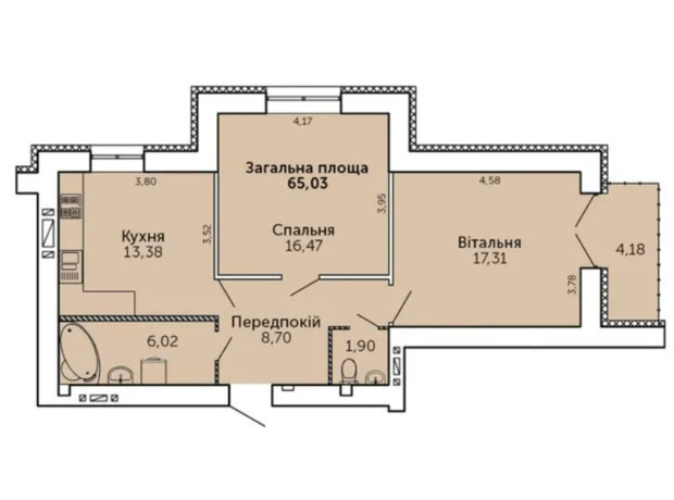 ЖК Levanevsky: планировка 2-комнатной квартиры 65.03 м²