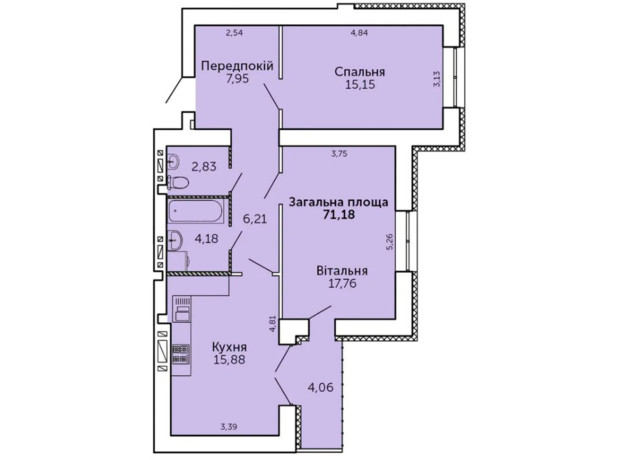 ЖК Levanevsky: планировка 2-комнатной квартиры 71.18 м²