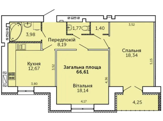 ЖК Levanevsky: планировка 2-комнатной квартиры 66.61 м²