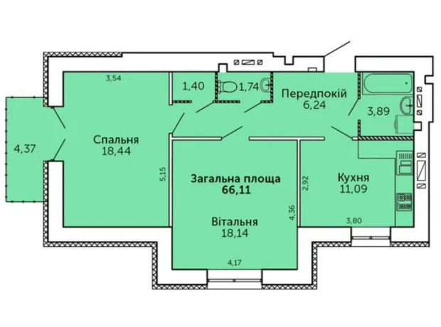 ЖК Levanevsky: планировка 2-комнатной квартиры 66.11 м²