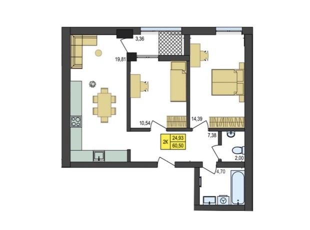 ЖК Амстердам: планировка 2-комнатной квартиры 60.5 м²