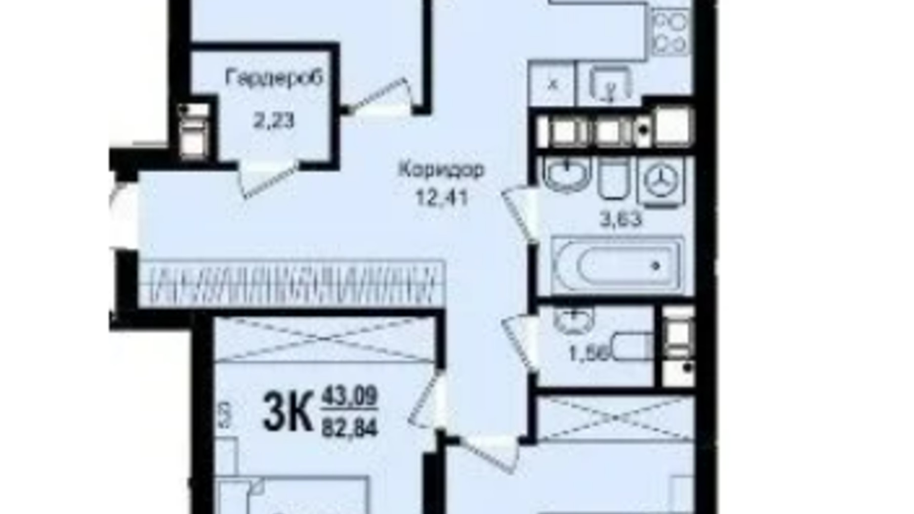 Планировка 3-комнатной квартиры в ЖК Roksolana 82.84 м², фото 599619