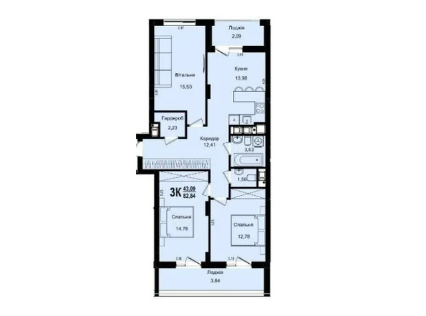 ЖК Roksolana: планировка 3-комнатной квартиры 82.84 м²