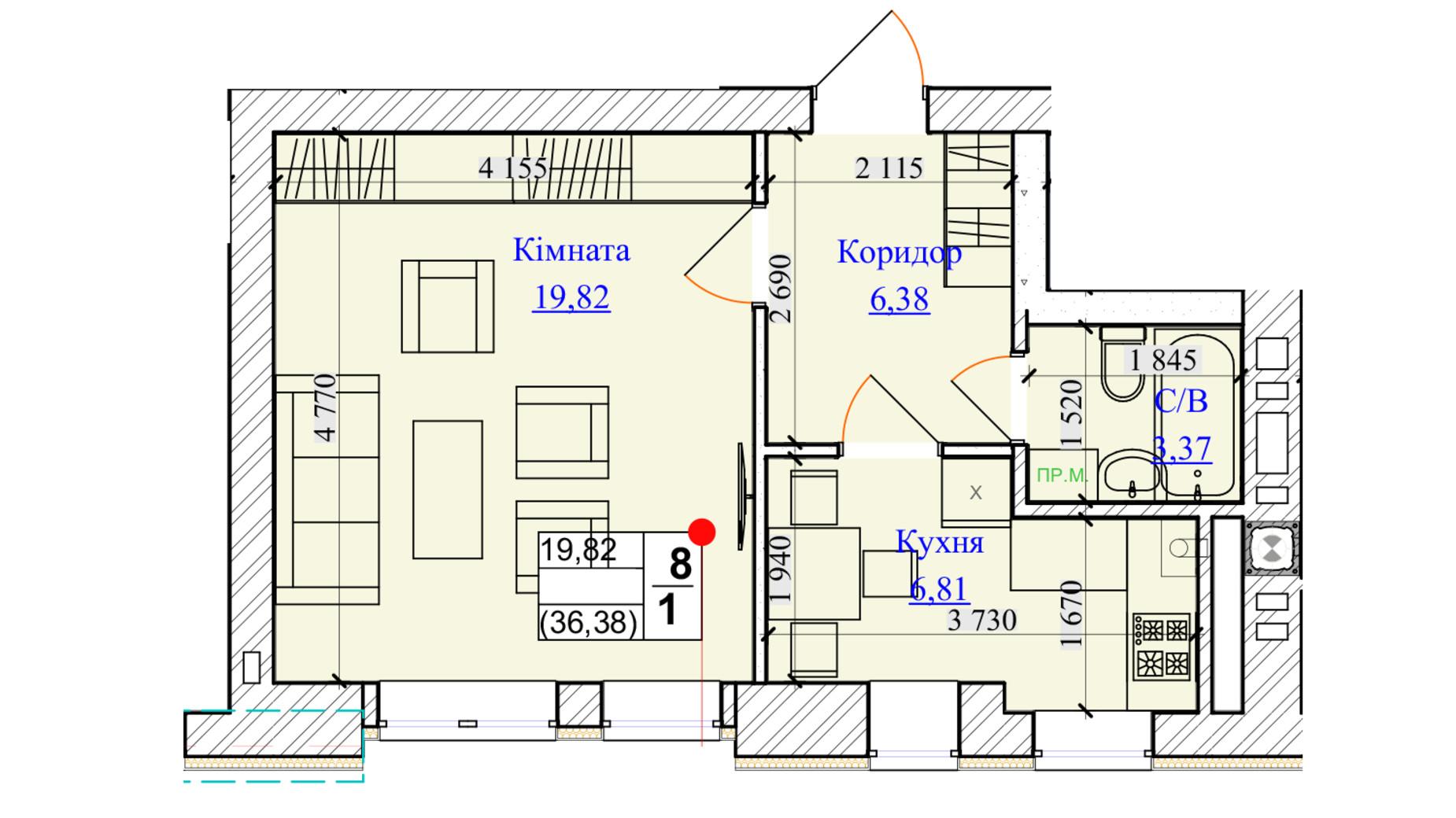 Планування 1-кімнатної квартири в ЖК One Family 36.38 м², фото 599654