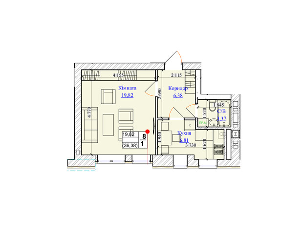 ЖК One Family: планування 1-кімнатної квартири 36.38 м²