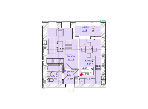 ЖК One Family: планування 1-кімнатної квартири 37.96 м²