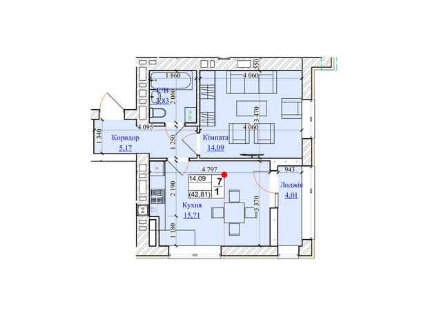 ЖК One Family: планування 1-кімнатної квартири 42.81 м²