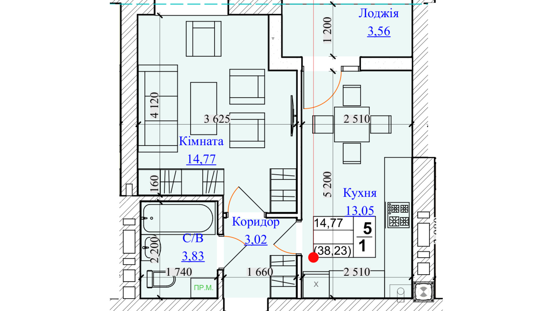 Планування 1-кімнатної квартири в ЖК One Family 38.23 м², фото 599657