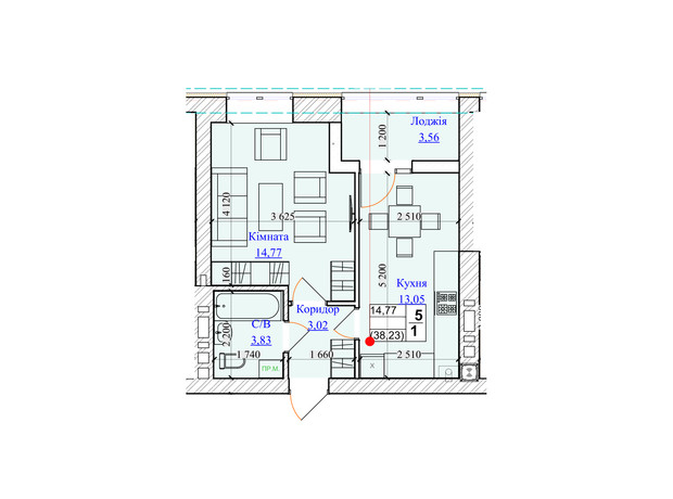 ЖК One Family: планування 1-кімнатної квартири 38.23 м²